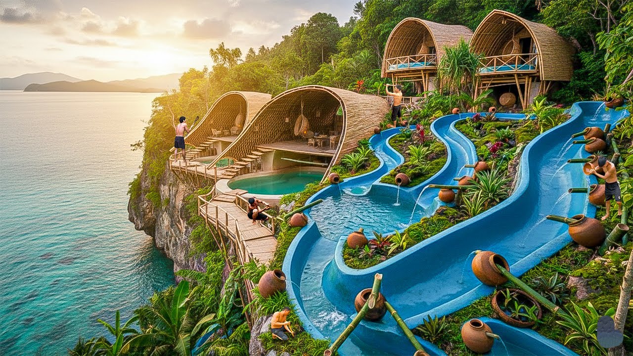 300 Days Building Bamboo House with Multi-Level Slides & Flowing Water Systems Using Primitive Tools