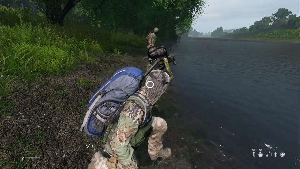Water bottles filled in DayZ down by the river while we wait for Goose