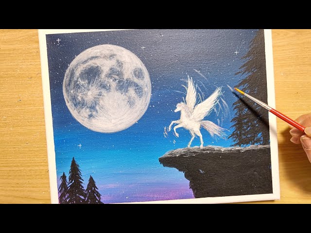 How to draw Pegasus on a moonlit night with acrylic paint / for