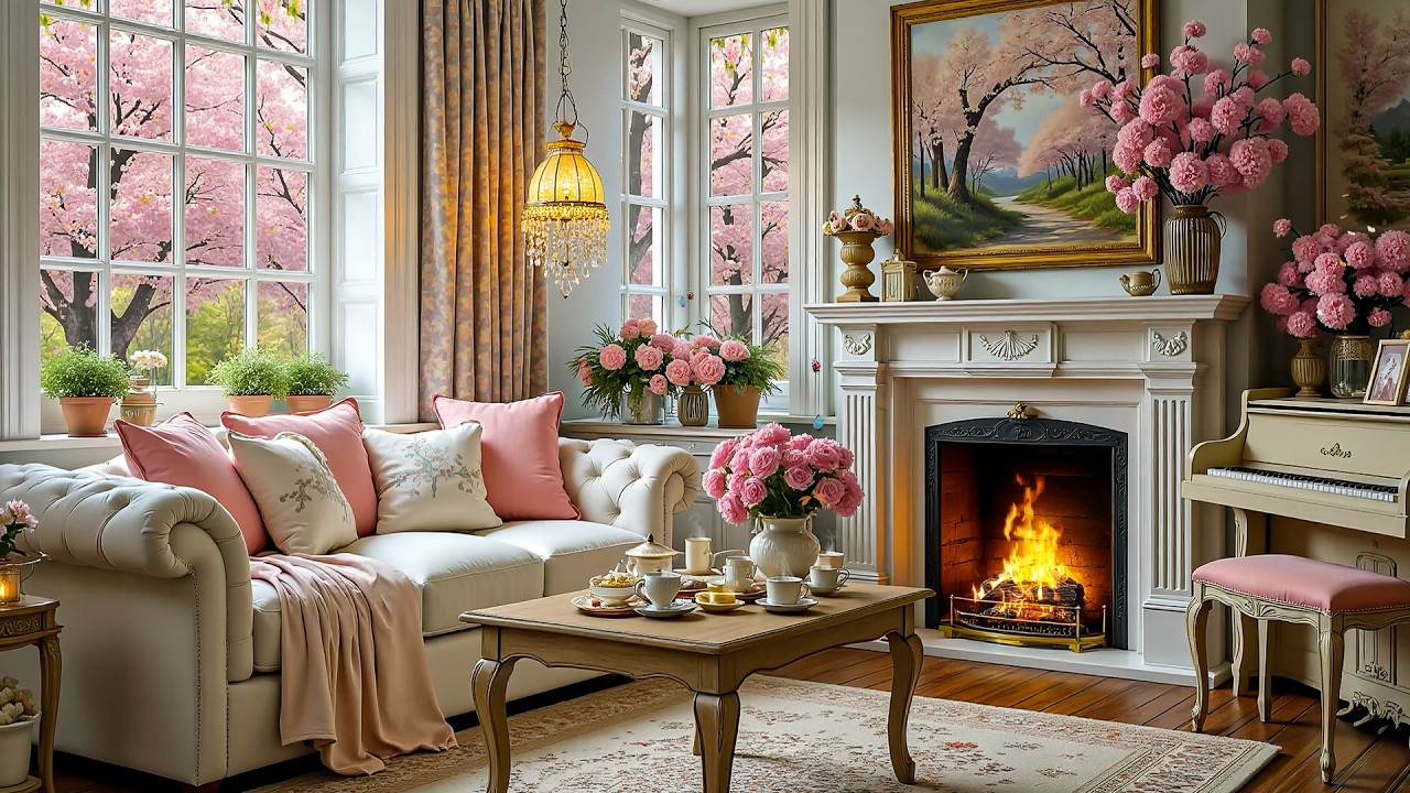 Beautiful Spring Living Room Fireplace & Sakura Window View 🌸 Relaxing Piano Music for Rest
