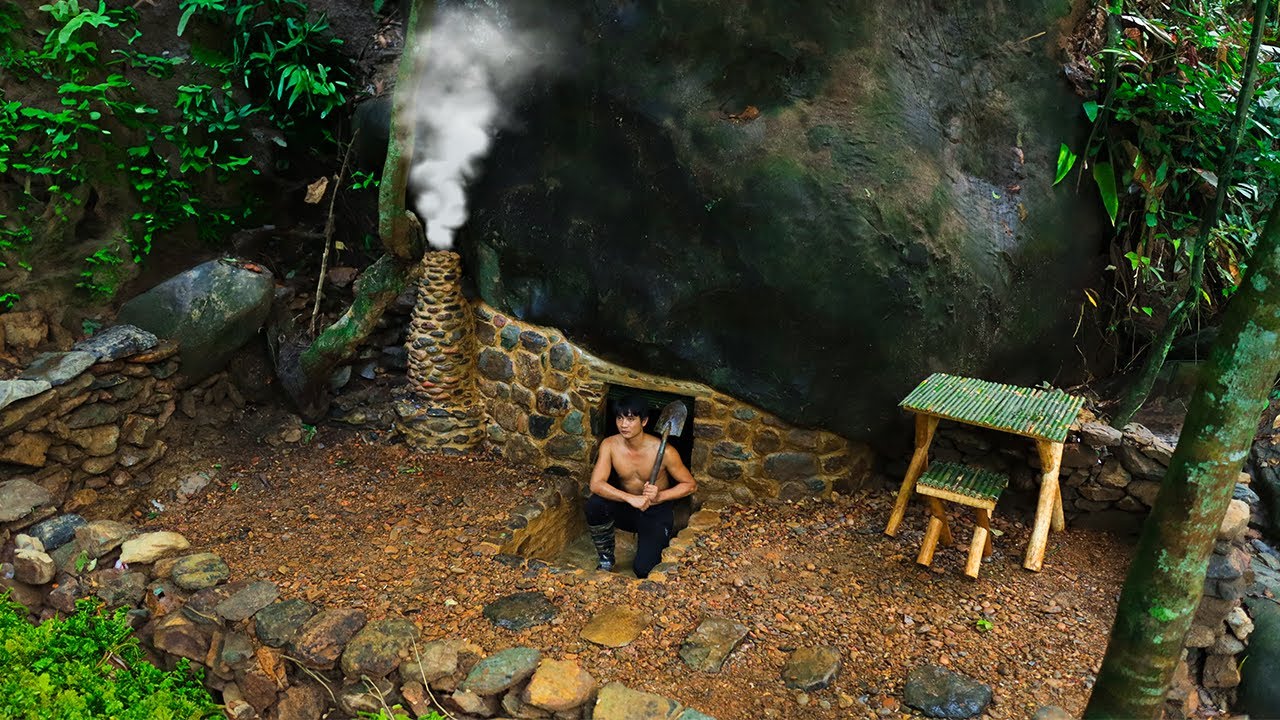 Build A Bushcraft Shelter Under The Giant Rock For Survival, Warm Fireplace, Giant Catfish Fishing