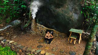 : Build A Bushcraft Shelter Under The Giant Rock For Survival, Warm Fireplace, Giant Catfish Fishing