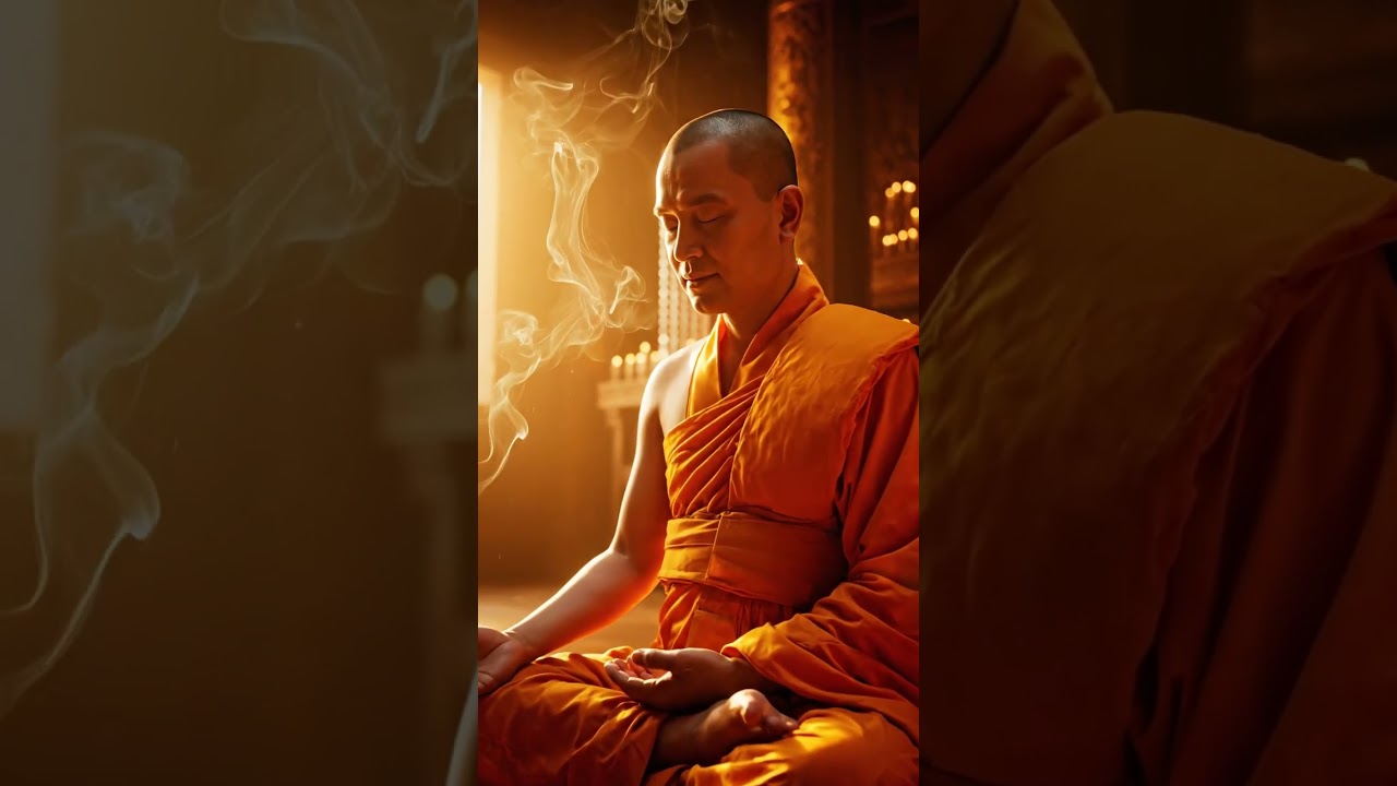 Meditative atmosphere, monk immersed in warm glow