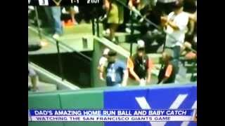 Father Holding Baby Barehands Home Run Ball