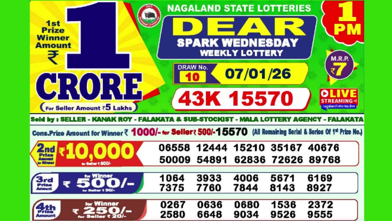 DEAR SPARK WEDNESDAY WEEKLY LOTTERY TODAY RESULT 1 PM 07/01/26