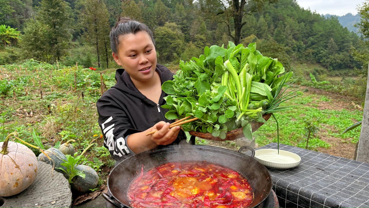今天摘了各种新鲜蔬菜，做个美味的蔬菜火锅 Make a delicious vegetable hotpot today