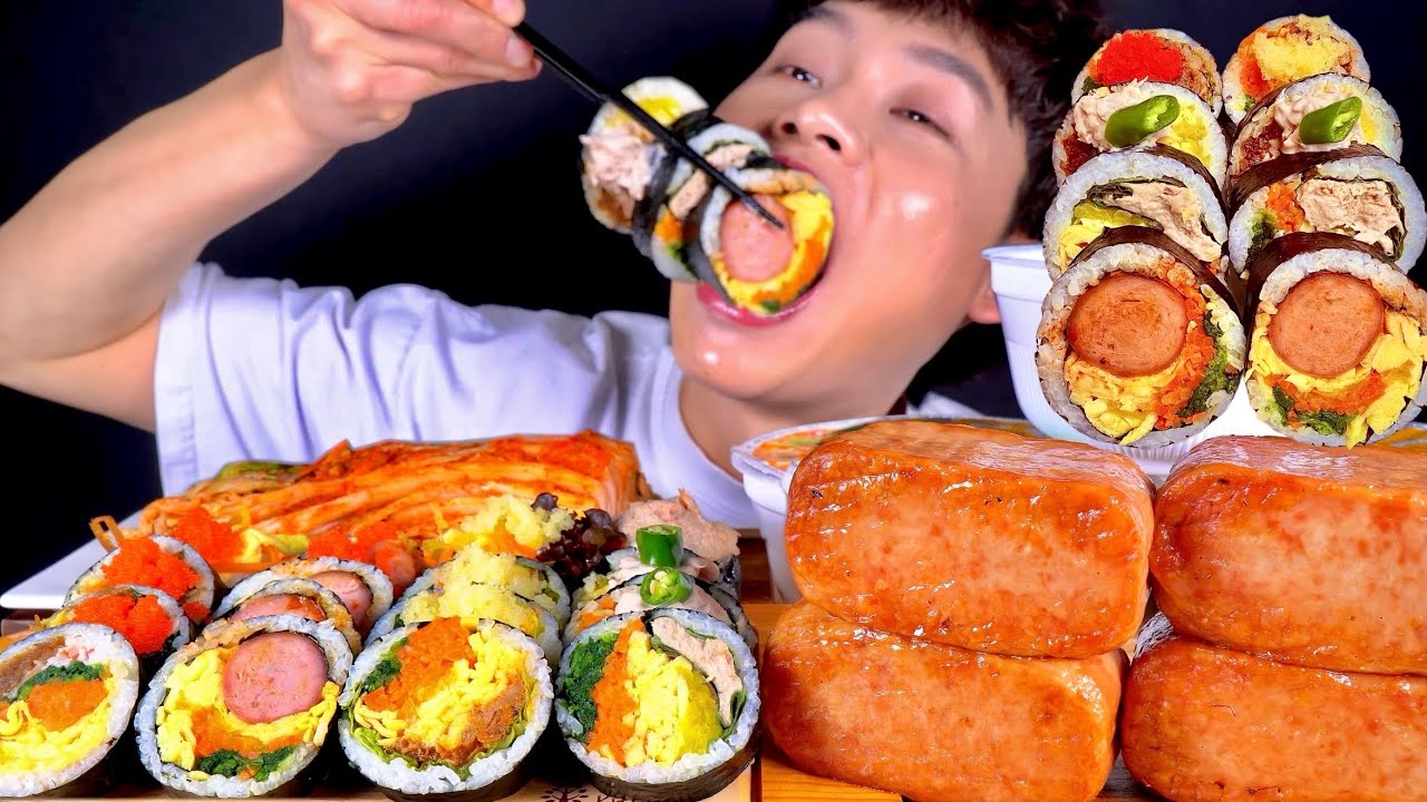 ASMR 참치김밥 제육김밥 소세지김밥 치즈김밥과 육개장사발면 통스팸 김치 먹방~!! Gimbap With Kimchi Hot Noodles Spam MuKBang~!!