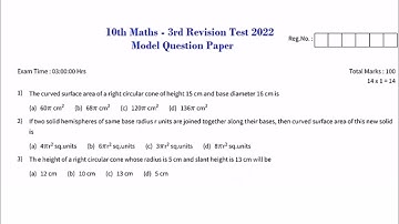 10th standard Maths 3rd revision exam model question paper English medium