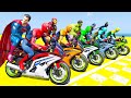Racing Spiderman Motorcycles with Superheroes - Jump Over The Big Clock