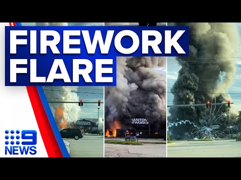 Flames engulf florida fireworks store after car crashes into building | 9 news australia