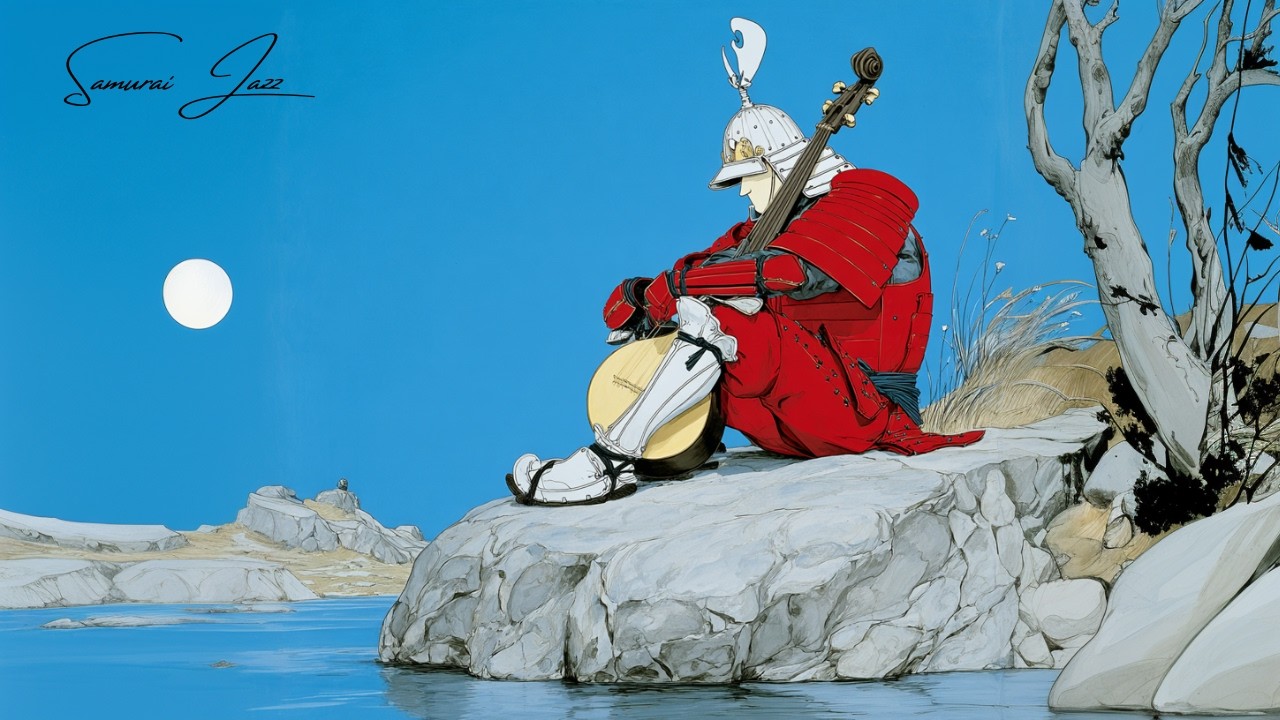 By the water, a samurai keeps playing