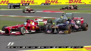 Fernando Alonso and Lewis Hamilton overtake on Daniel Ricciardo British GP 2013