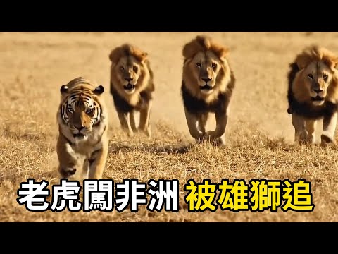 老虎闖非洲，鬥鬣狗、避河馬、被雄獅追！| #動物世界  #動物AI