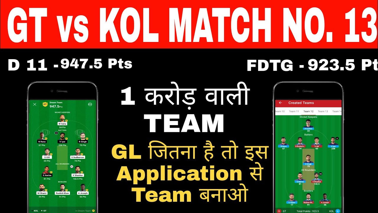 GT vs KOL Dream11 Team Result | Match No. 013