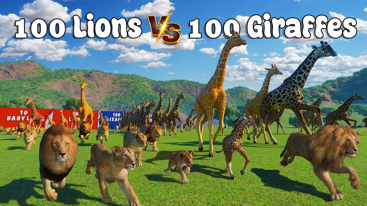 100 Lions VS 100 Giraffes Animals Race in Planet Zoo included Masai Giraffe & Katanga Lion