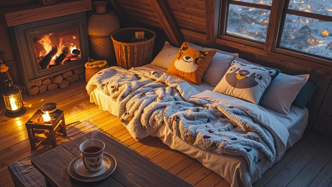 Warm Fireplace by the Window | Snowstorm Sounds for Sleep & Meditation| Fall Asleep Fast