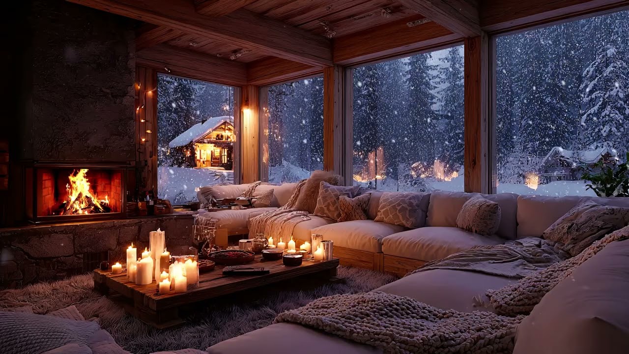 Crackling Fire & Gentle Piano: Peaceful Winter Atmosphere with Falling Snow
