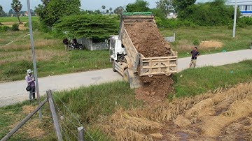Start New Project!! Landfill Processing Operator Bulldozer Push Soil and Dump Truck Unloading Soil