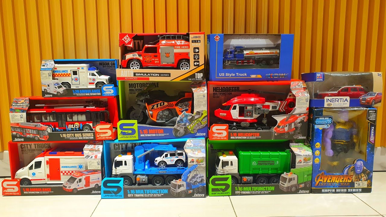 Unboxing Truk Oleng, Excavator, Kereta Api, Mobil Polisi, Bus, Truk Derek, Truk Pasir