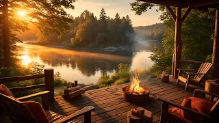Morning Calm by the Lakeside Porch | Crackling Campfire & Gentle Nature Sounds for Study or Sleep