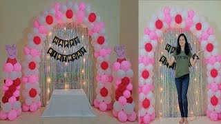 simple &Easy birthday decoration ideas for home/Peppa pig theme setup /pink&white theme balloon arch