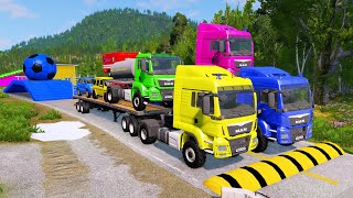 Double Flatbed Trailer Truck vs Speedbumps Train vs Cars | Tractor  Beamng.Drive 42 screenshot 4