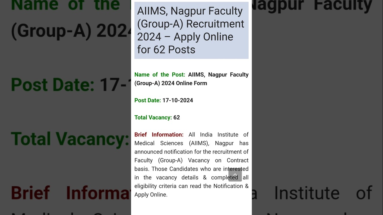 AIIMS, Nagpur Faculty (Group-A) Recruitment 2024 - Apply Online for 62 Posts