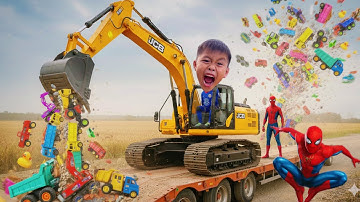 Em tu bi tìm xe cẩu múc cát đi mua kẹo bóng thạch nổ màu sắc, máy xúc giải cứu cần cẩu mắc kẹt