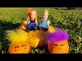 Fall 2023 ! Elsa &amp; Anna toddlers play outdoors - Barbie dolls - acorns - pumpkin challenge