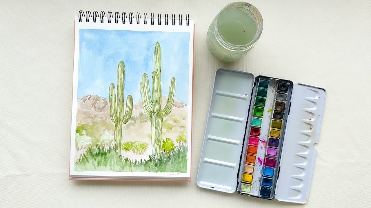 Урок рисования акварелью по национальному парку Сагуаро | Рисование в спокойной обстановке