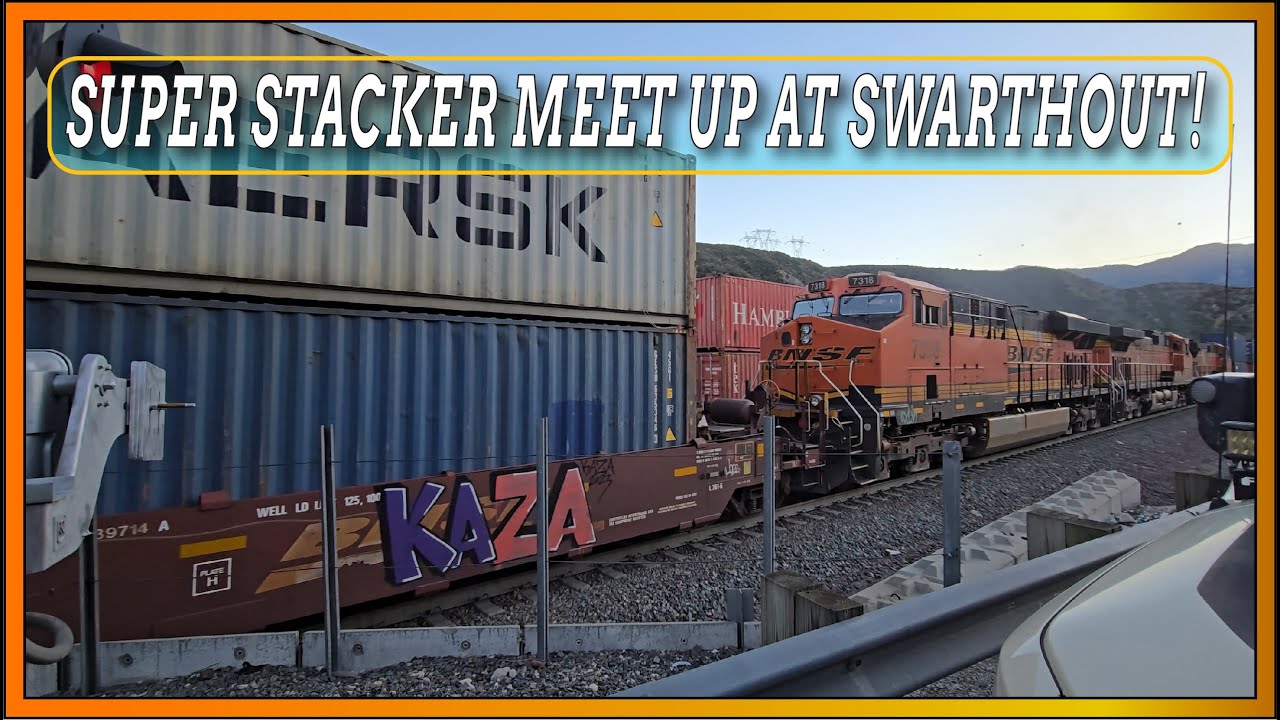 Double Stacked! Priority Stack Trains Cross Paths at Swarthout in Cajon Pass.