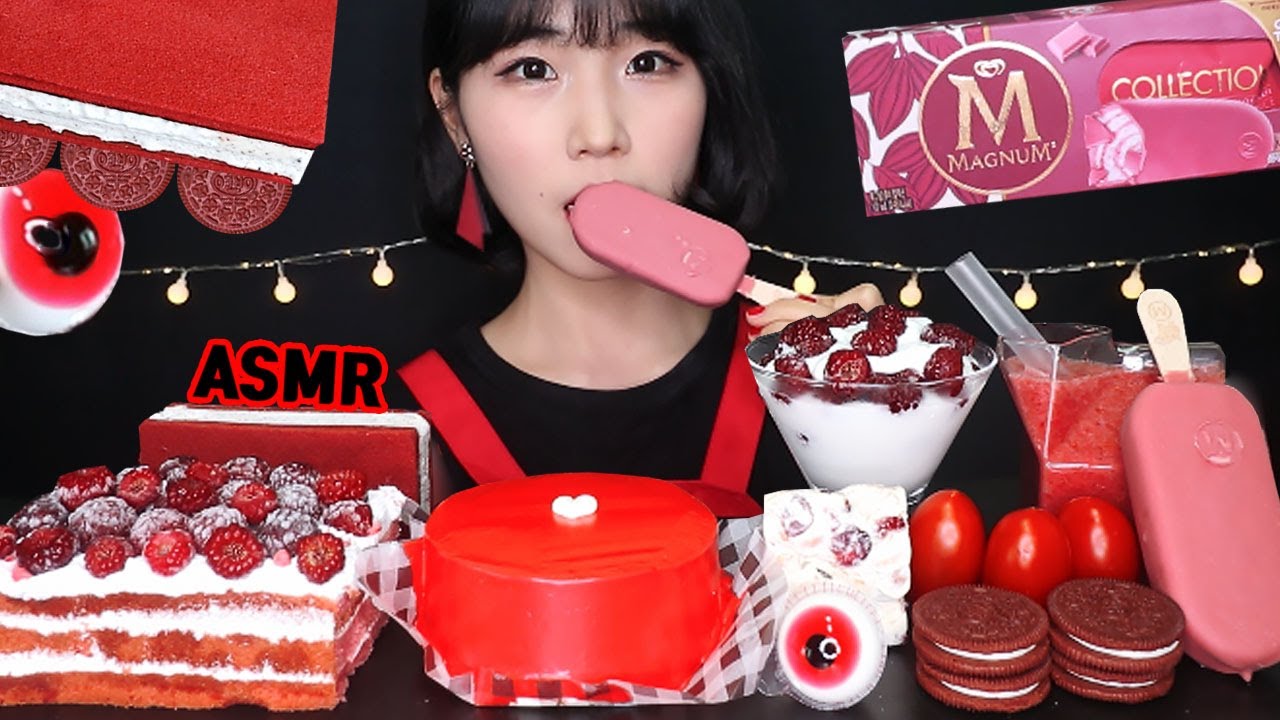 ASMR RED DESSERTS 빨간색 디저트 먹방 ICE CREAM, CAKE, OREO COOKIES, JELLY MUKBANG EATING SOUNDS 赤のデザート