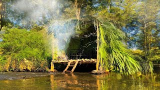 Building a Survival Shelter on the Water, Wooden house bushcraft, Fireplace and roast beef