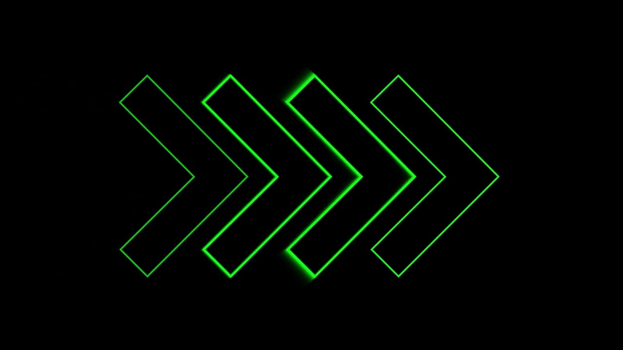 Animation of glowing right neon Green arrows. Looped Lines abstract background  black screen