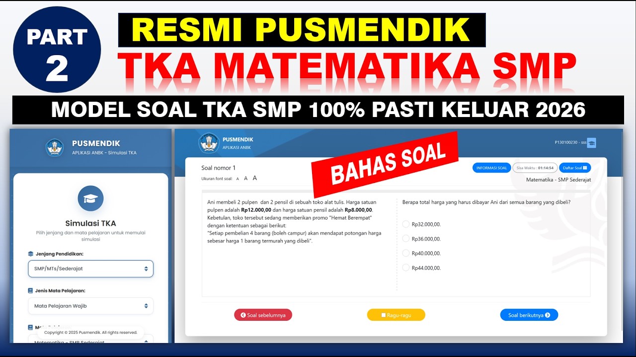 RESMI PUSMENDIK Pembahasan Soal TKA Matematika SMP MTs 2026 sesuai Kisi-kisi Kemdikbud Part-2