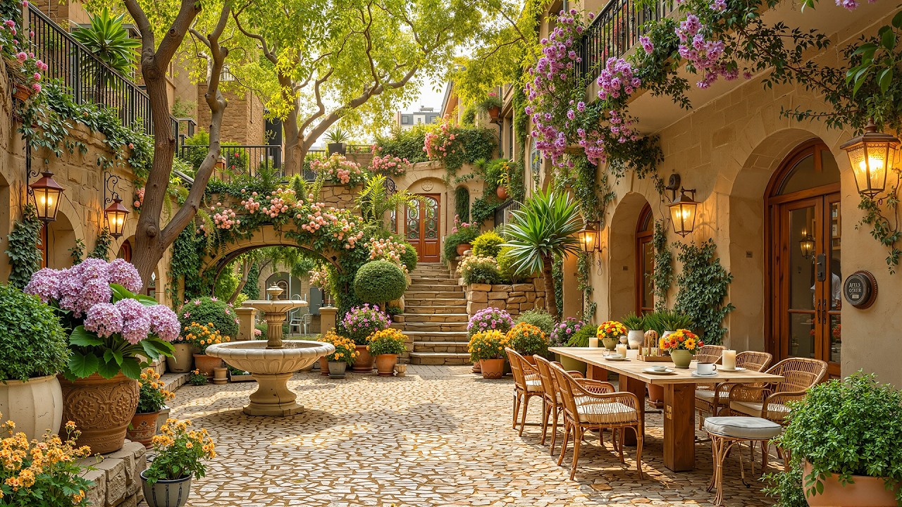 Romantic Courtyard Café Jazz 🌸 Smooth Jazz & Fountain Garden Ambience for Relaxing Morning