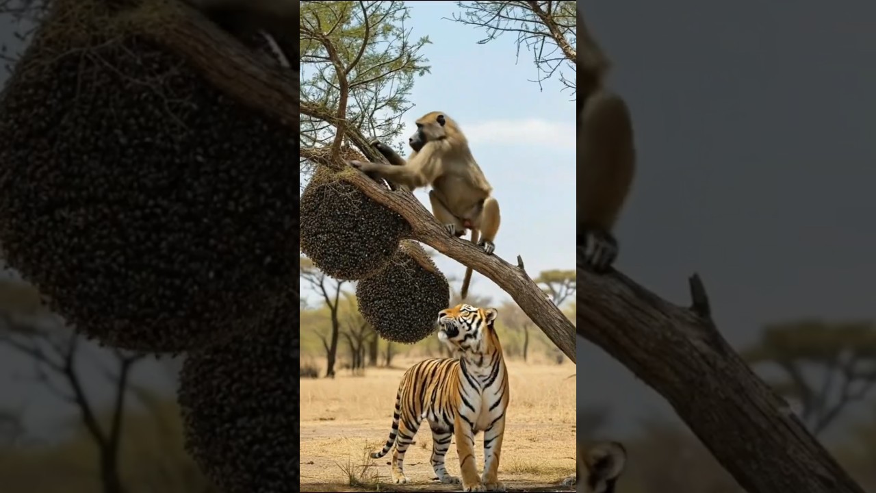 Monkey's evil act : bee attack the tiger 