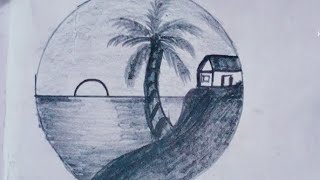 How to make Sunset🌅 Beach and beautiful draw with pencil / simple draw sunset in circle scenery