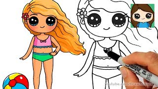 How to Draw a Cute Girl at the Beach in Swimsuit Easy