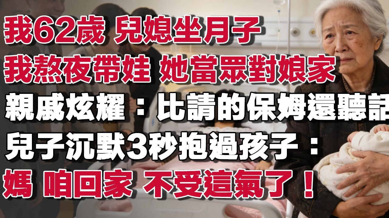 我62歲 兒媳坐月子我熬夜帶娃 她當眾對娘家親戚炫耀：比請的保姆還聽話兒子沉默3秒抱過孩子：媽 咱回家 不受這氣了！