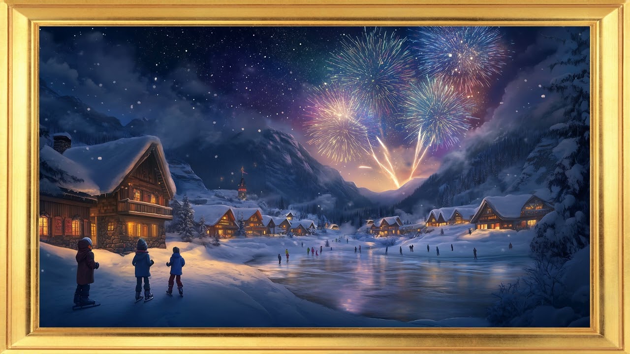 Winter Sports Fireworks Frame TV Art | Holiday Celebration 4K Wall Art Screensaver Festive Wallpaper