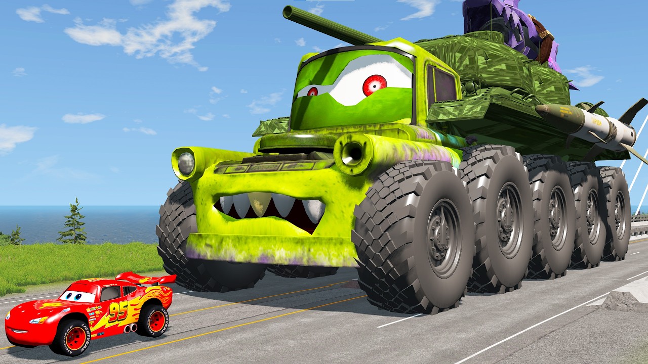 Giant CRUSHER DOZER Mack Truck Eater VS Cars Lightning McQueen Escape Monster Beamng Drive