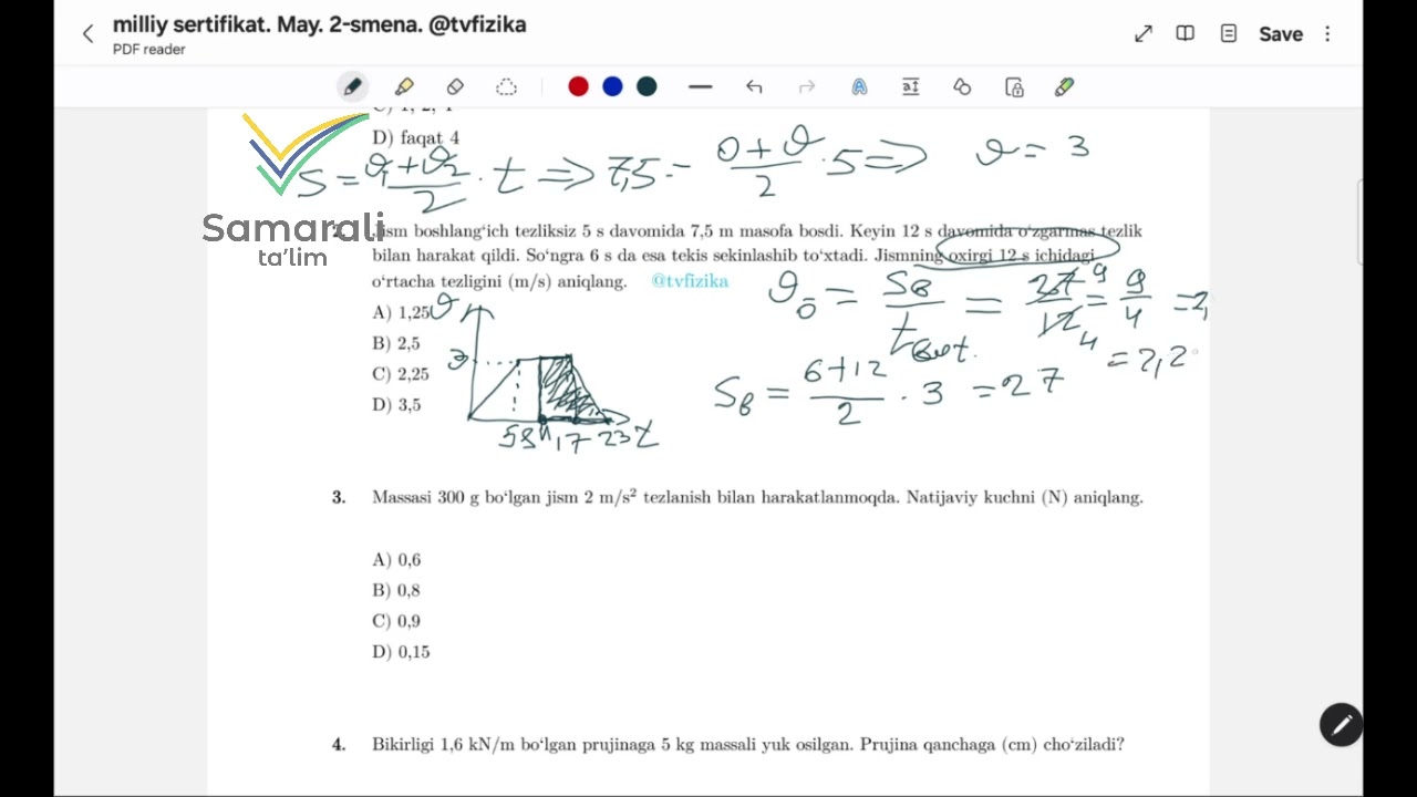 13.05.2025 Fizika Milliy Sertifikat, 2-smena 1-8 savollar yechimi.