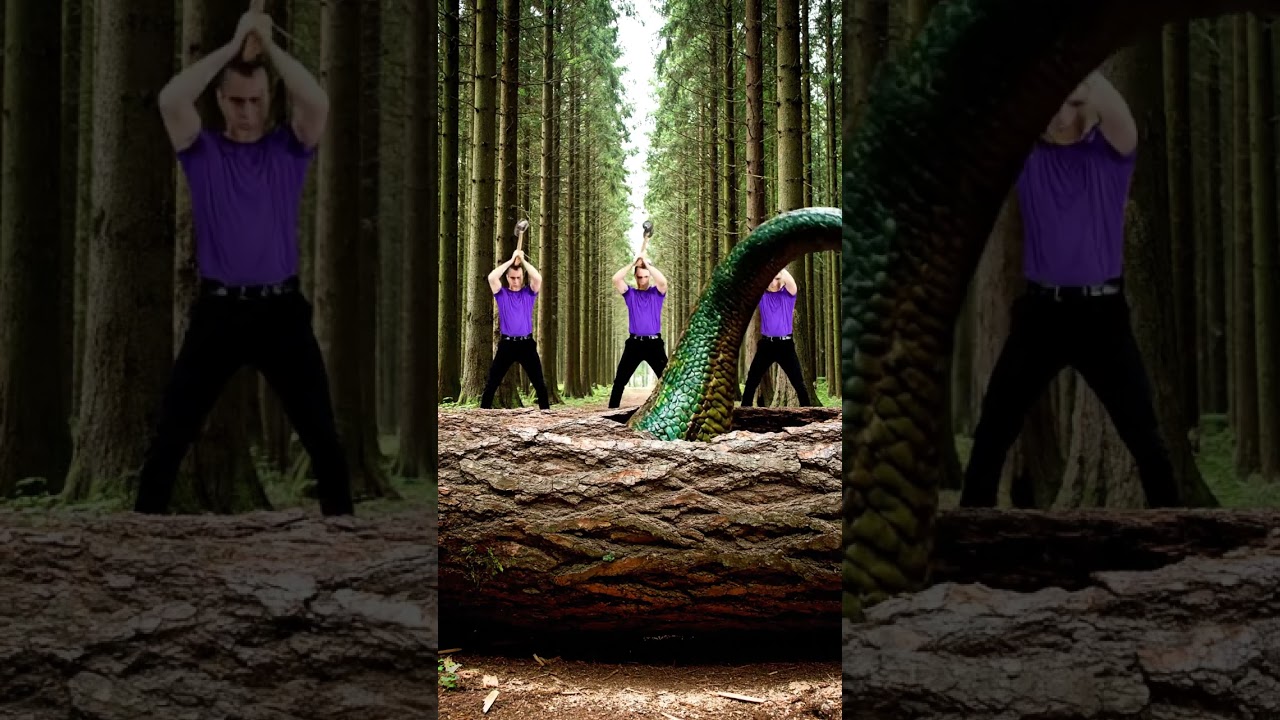 A surreal and hyper realistic scene set in a dense forest with tall straight trees on both sides  A