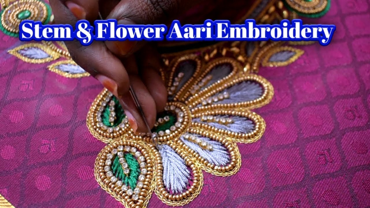 How To Do Easy Stem And Flower Work Using Feather Stitch in Aari Embroidery | Nakshatra Designers