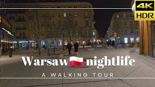 A scenic night walk in Warsaw city center. Centrum Warszawa [4K].