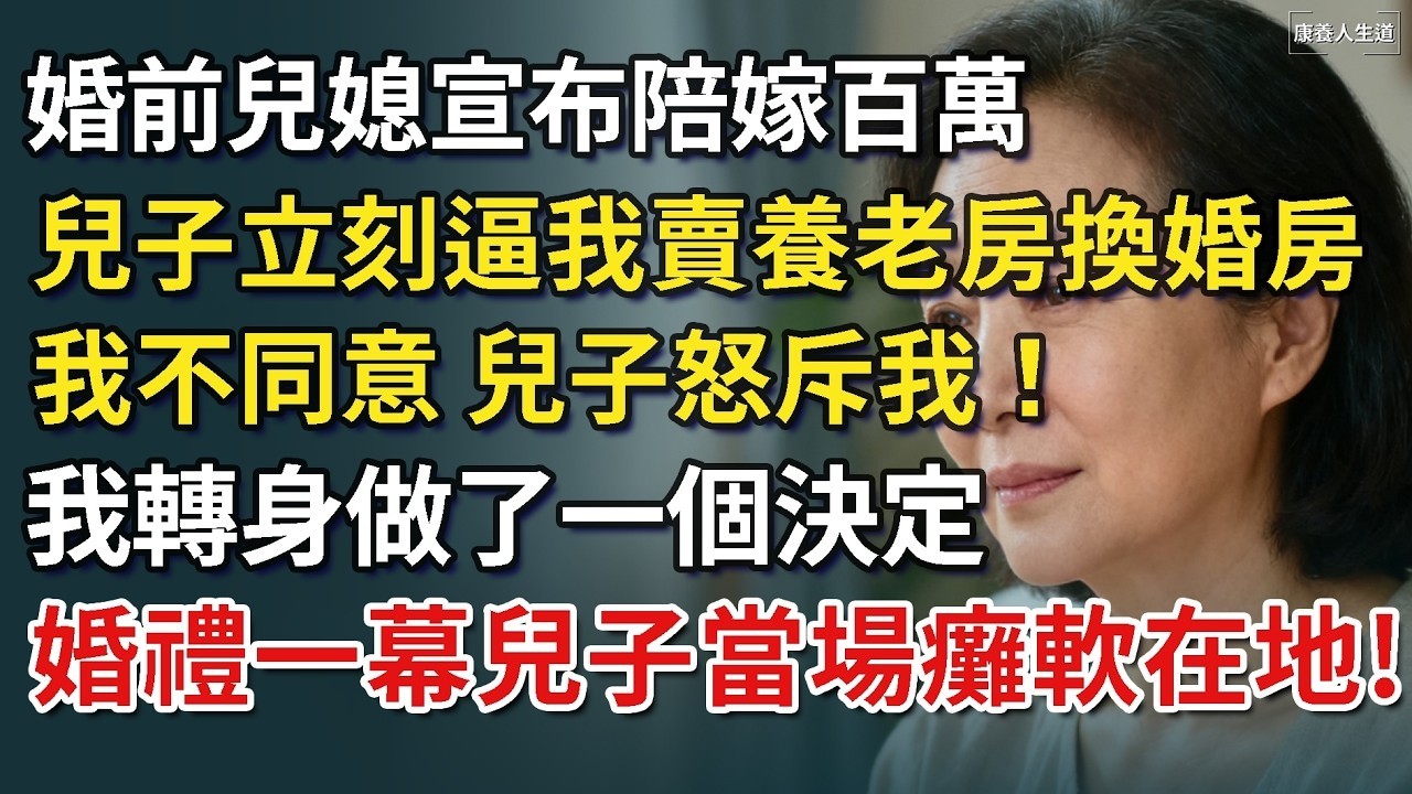 婚前兒媳宣布陪嫁百萬，兒子立刻逼我賣養老房換婚房，我不同意，兒子怒斥我！我轉身做了一個決定，婚禮一幕兒子當場癱軟在地​！【康養人生道】 #康養人生道 #上了年紀該明白的事 #養老 #聰明老人