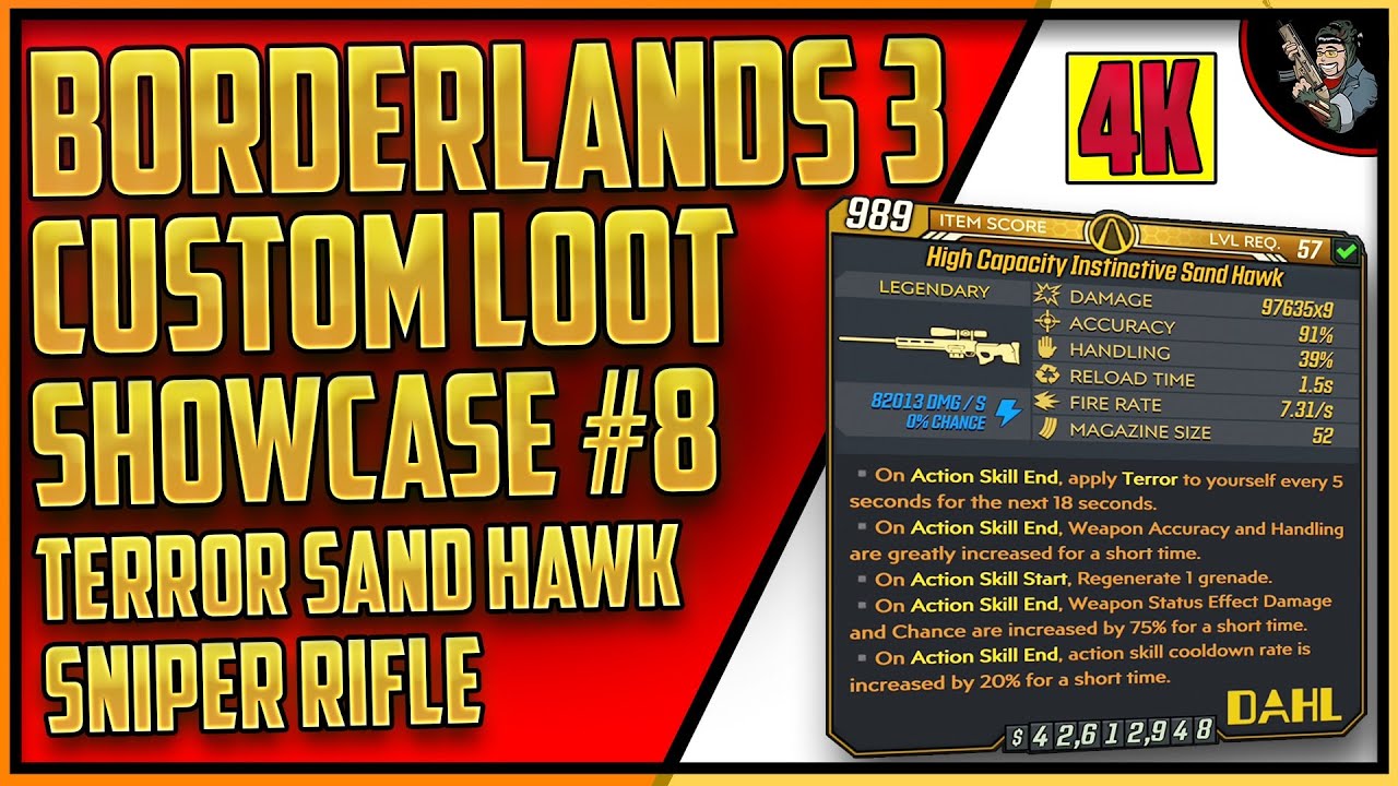 Borderlands 3: Custom Loot #8 "Terror Sand Hawk" SNIPER! Mayhem 10 Lv.57 Item! (4K 60fps)