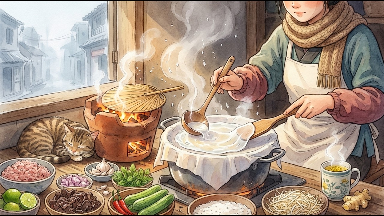 Steaming Bánh Cuốn in Ancient Hanoi 🇻🇳 | Ghibli Style ASMR • Relaxing Cooking & Winter Ambience