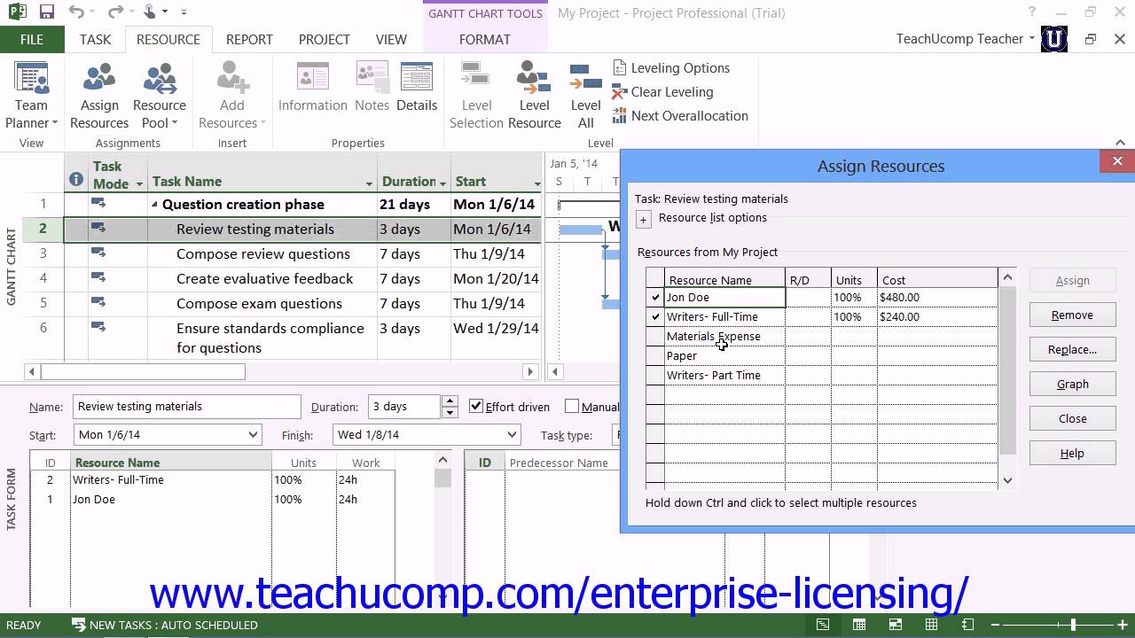 Microsoft Office Project Tutorial 2013 Resource and Task Assignment 5.3 ...